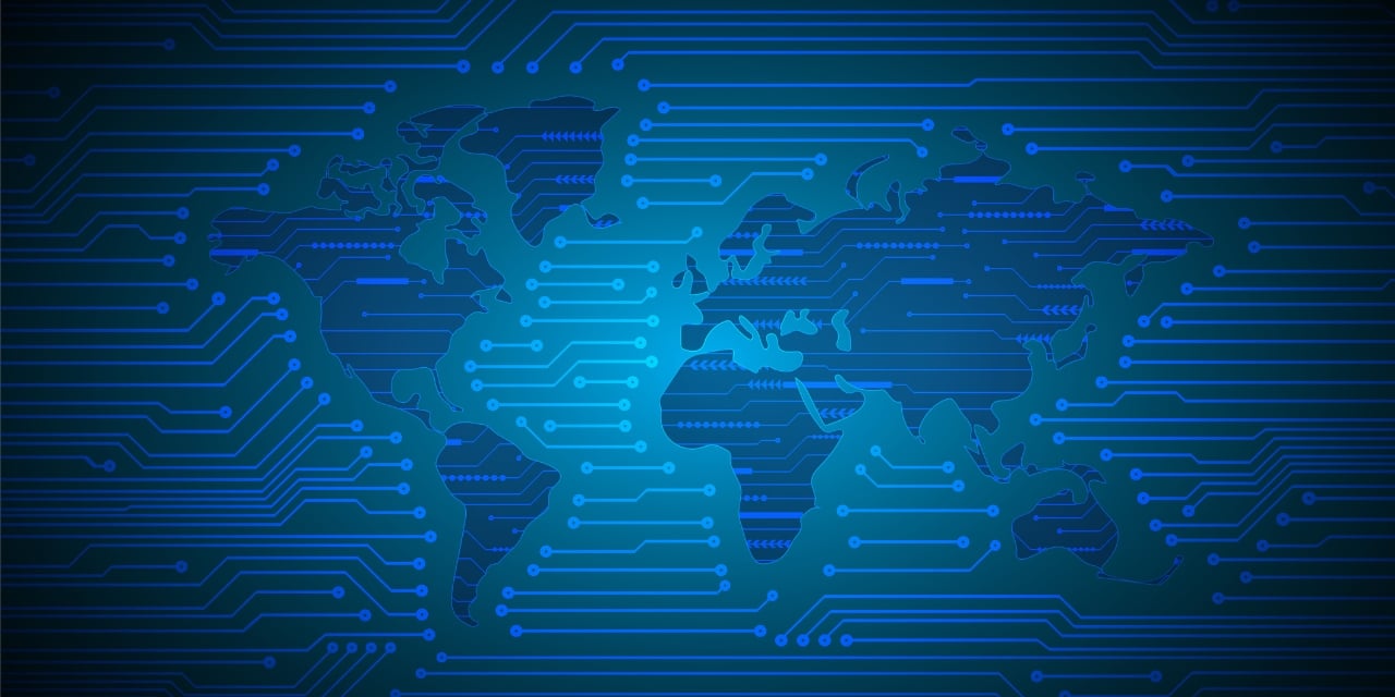 Blue digital world map overlaid with circuit lines, representing global connectivity, financial technology.