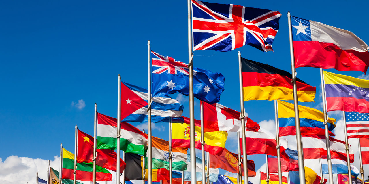 World flags flying in a group with a blue sky in the background.