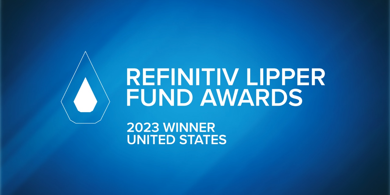 Blue background with the white Lipper Fund logo and text 'REFINITIV LIPPER FUND AWARDS 2023 WINNER UNITED STATES'