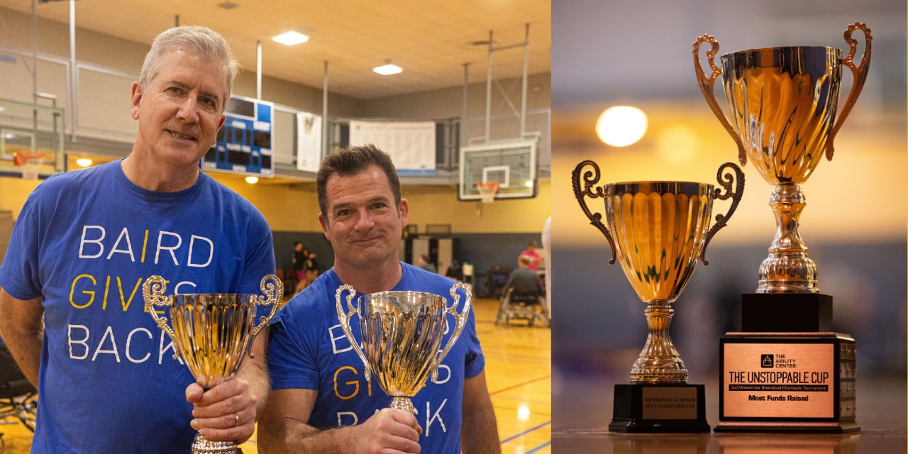Two Baird Advisors associates holding trophies and a close up of those trophies