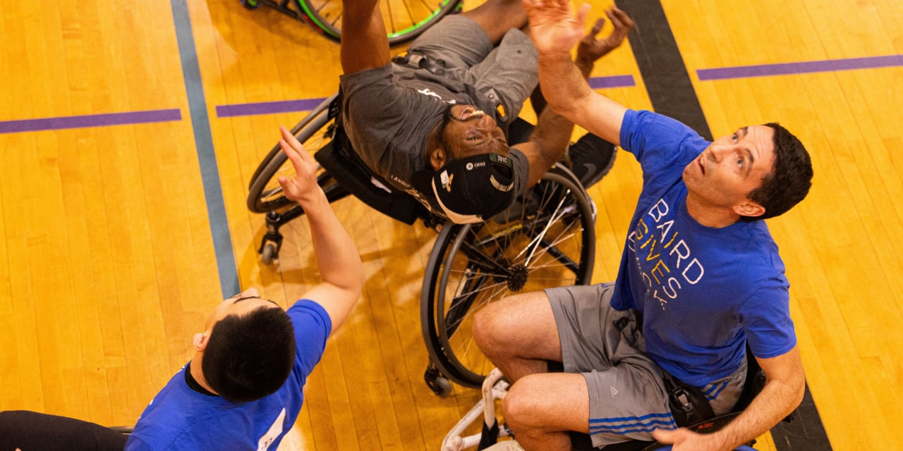 Close up image of the action during a wheelchair basketball game